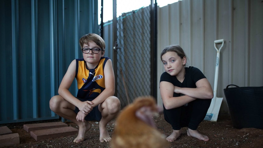 10-year-old twins crouch in their chicken coup looking down the camera lens.