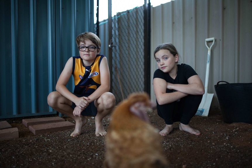 10-year-old twins crouch in their chicken coup looking down the camera lens.