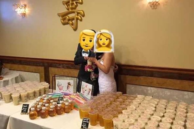 A Facebook post showing a couple at their wedding with a range of different bubble teas on the table.