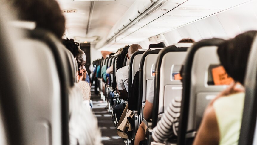 Looking forward from the back of a plane at a crowded economy section