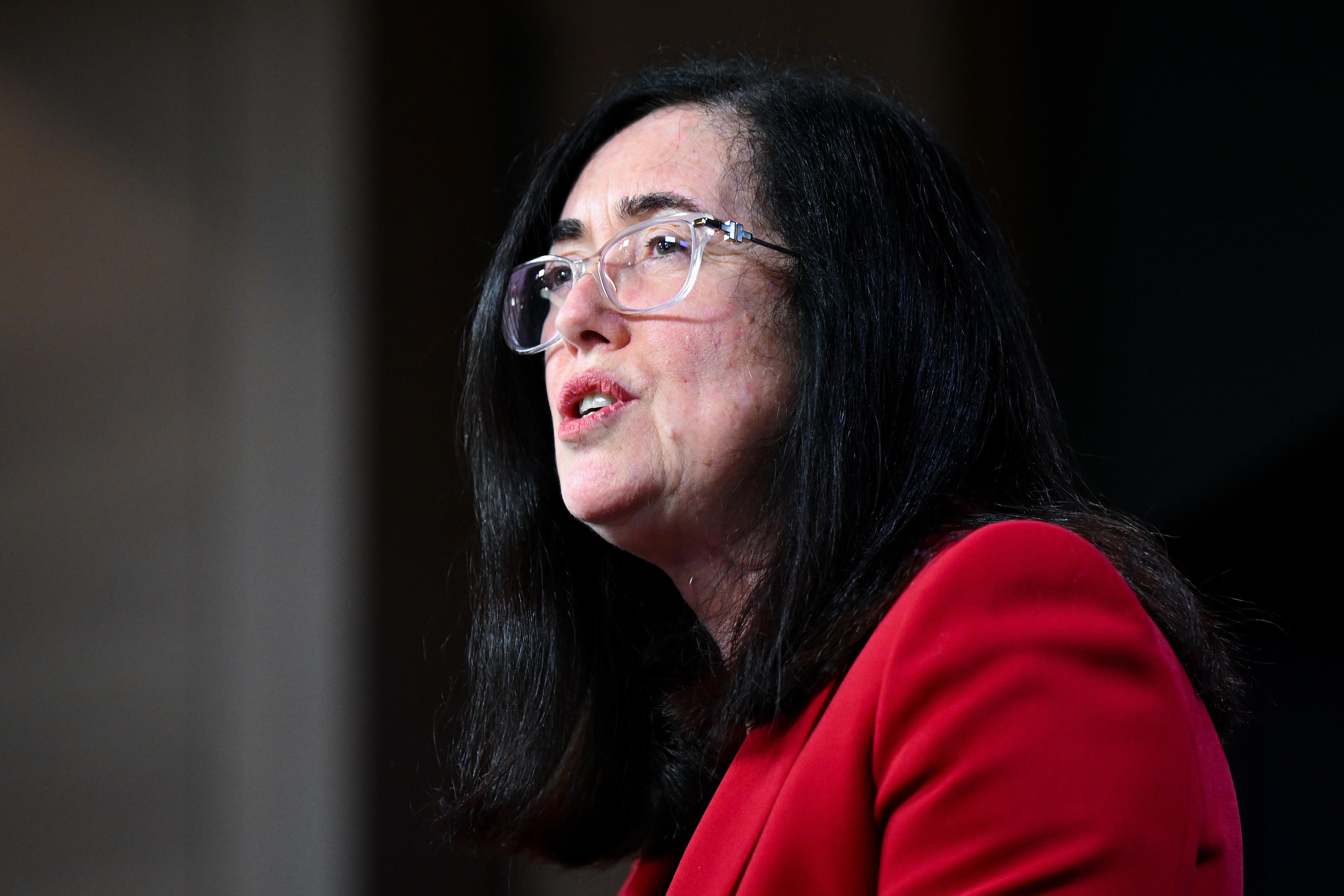 ACCC Chair Gina Cass-Gottlieb photographed from below and to the side as she speaks at the National Press Club