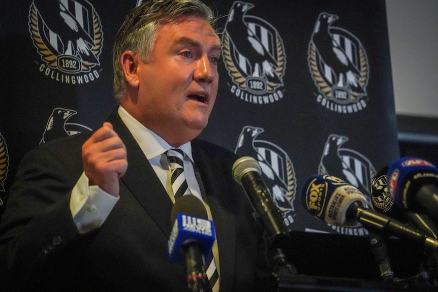 Un Eddie McGuire en larmes fait un geste en parlant