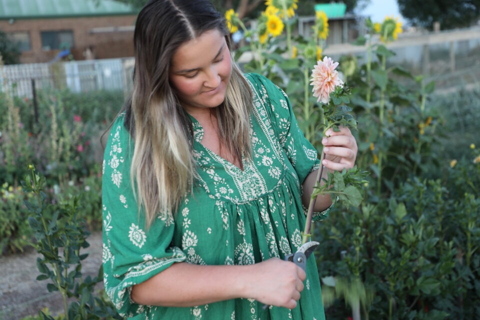 A woman in a green dress standing with scissors and a flower in her hand in a  patch of flowers.