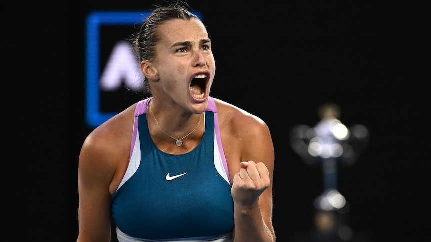 Aryna Sabalenka screams out as she celebrates winning a point in the Australian Open final.