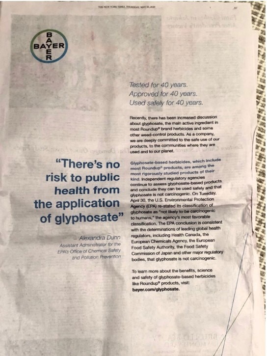 An advertisement in the New York Times from Bayer saying 'There's no risk to public health from the application of glyphosate'