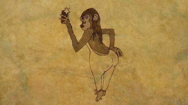 Drawing of a female ape in a dress with a large bottom taking a selfie