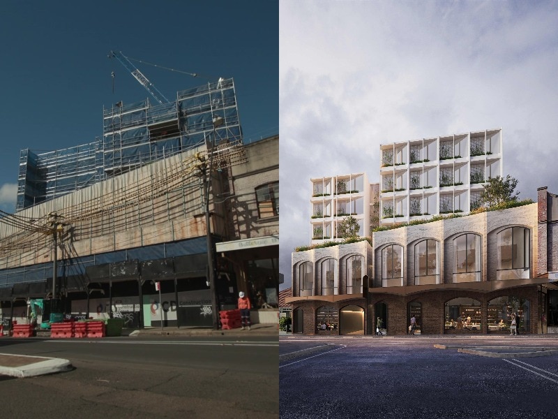 A picture of a building under construction on left and an artist's impression of the finished building on right