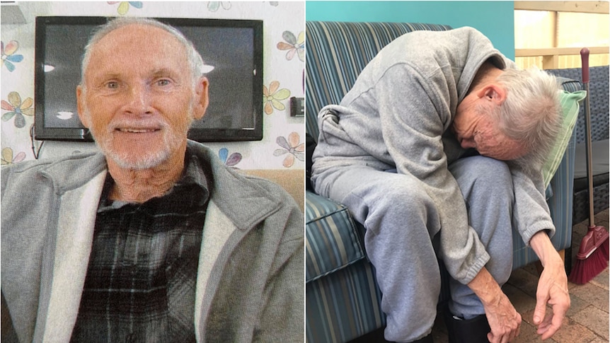An old man in two photographs side by side. In one he is sitting up smiling, the other he is slumped over, his head on his knees