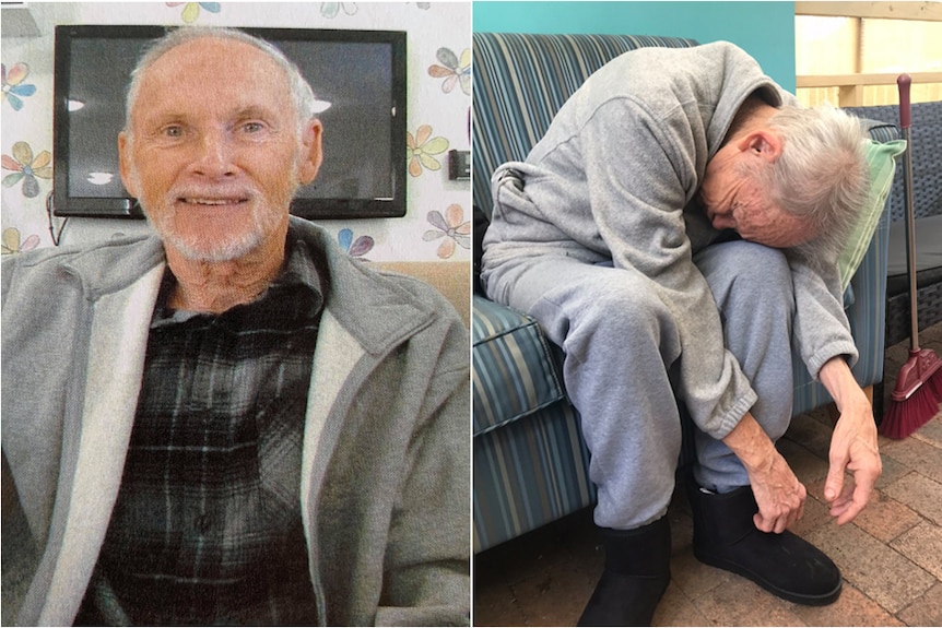 An old man in two photographs side by side. In one he is sitting up smiling, the other he is slumped over, his head on his knees