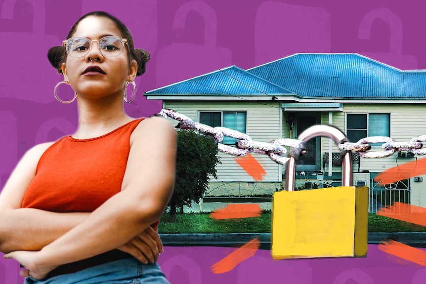 Collage of a house with a lock and chains over it, and a woman wearing glasses.
