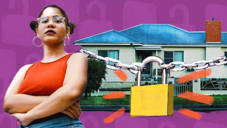 Collage of a house with lock and chains over it and a woman for a story about how to secure your home from thieves.