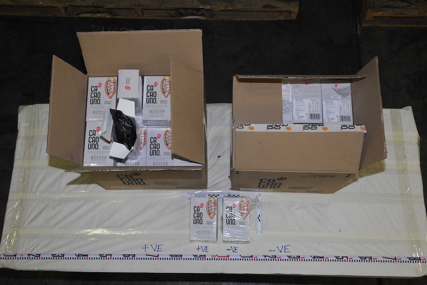 Open cardboard boxes of cacao which actually contained cocaine.