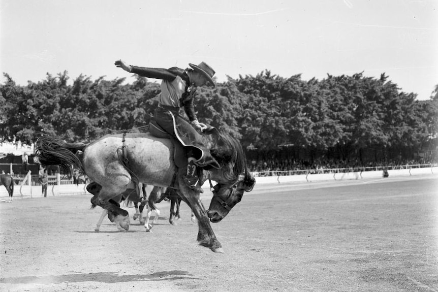 Rodeo competitor at the 1947 Royal National Show at Exhibition Grounds, Brisbane.
