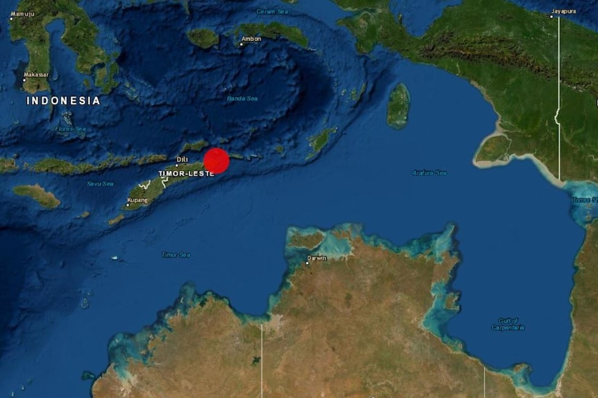 A Geoscience Australia earthquake map showing a red dot near East Timor.