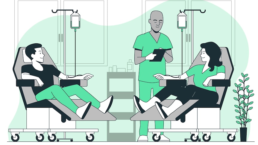 An illustration of a woman and a man getting a blood transfusion