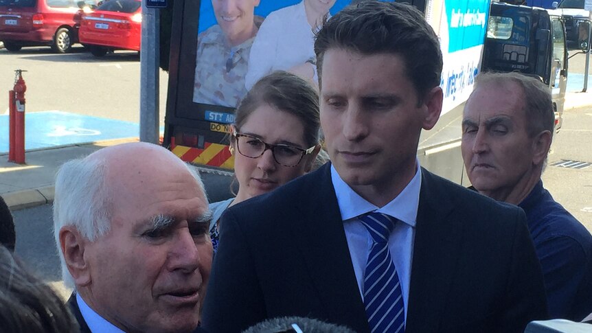 Former Liberal Prime Minister John Howard and Liberal candidate for Canning Andrew Hastie speak to the media in Mandurah.