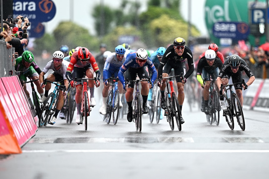Kaden Groves (centre, in blue) leads the sprint at the Giro d'Italia. Two riders crash into a fence on the left.