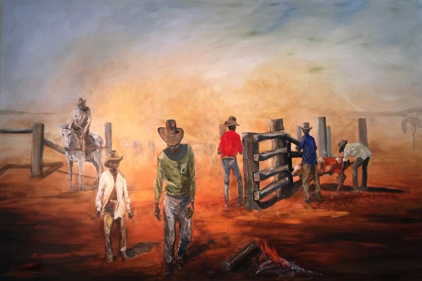 A painting of Indigenous men in broad-brimmed hats standing by a stockyard in the outback.