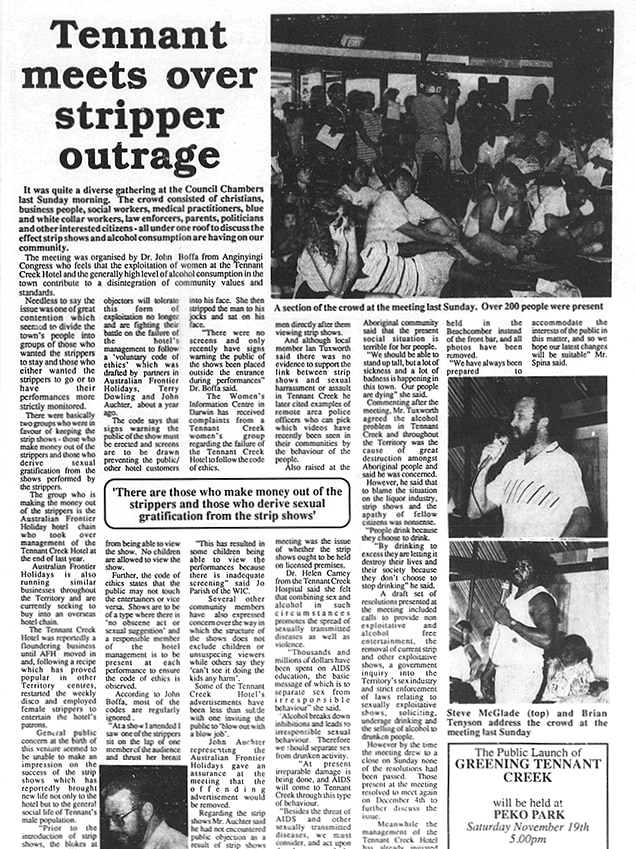 Archival article from Tennant and District Times outlining the community outrage over the live strip shows, November 18 1988.