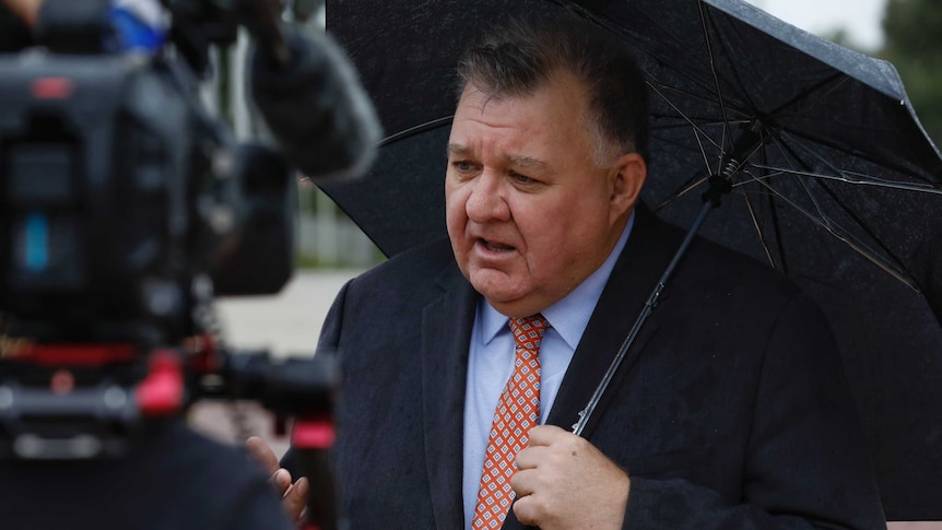 Craig Kelly holding a black umbrella speaking to a journalist.