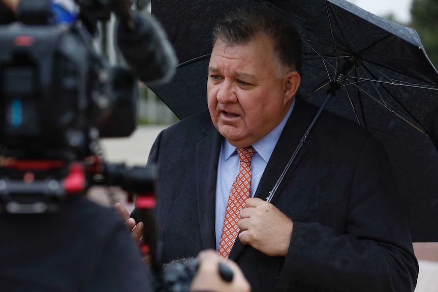 Craig Kelly holding a black umbrella speaking to a journalist.