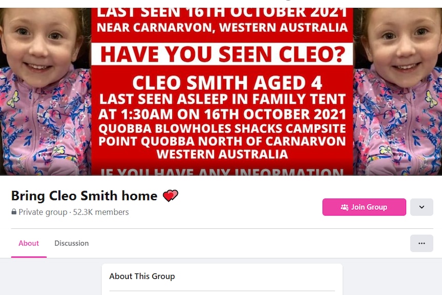 A creenshot of a Facebook group called Bring Cleo Smith home, with a picture of the four-year-old girl on both sides.