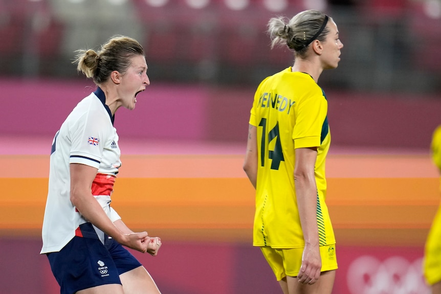 Great Britain's Ellen White shouts in joy near Matildas defender Alanna Kennedy during their Tokyo Olympics quarter-final.
