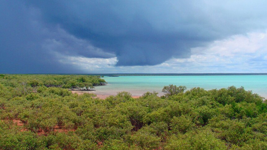 Wet season clouds loom over Roebuck Bay, Broome