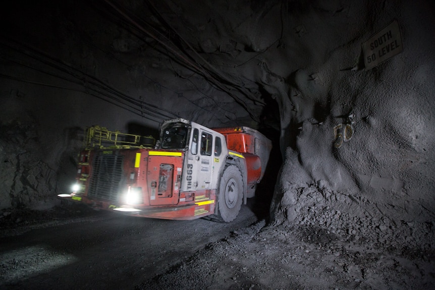 A huge truck taking ore from an underground zinc mine.