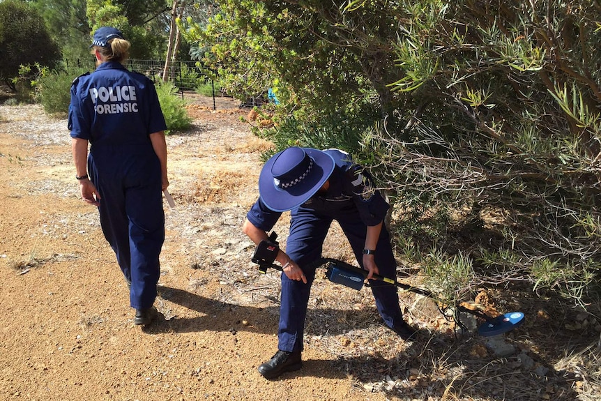 Tow police forensics officers in blue suits, one with a metal detector, search bushes in Lesmurdie.