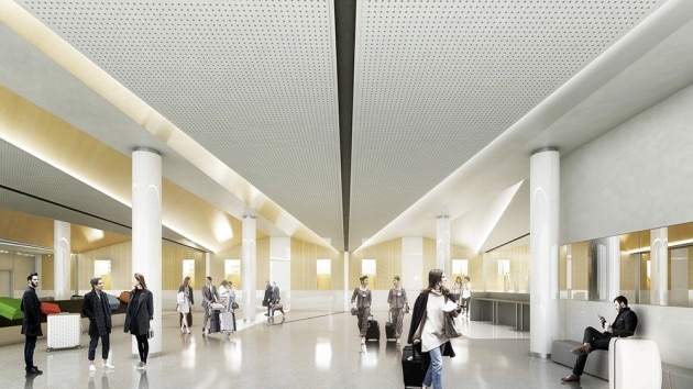 An artist's impression of the new international terminal at Canberra Airport with people walking