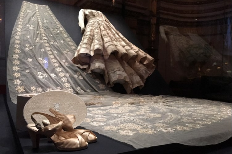 The Queen's wedding dress, veil and shoes