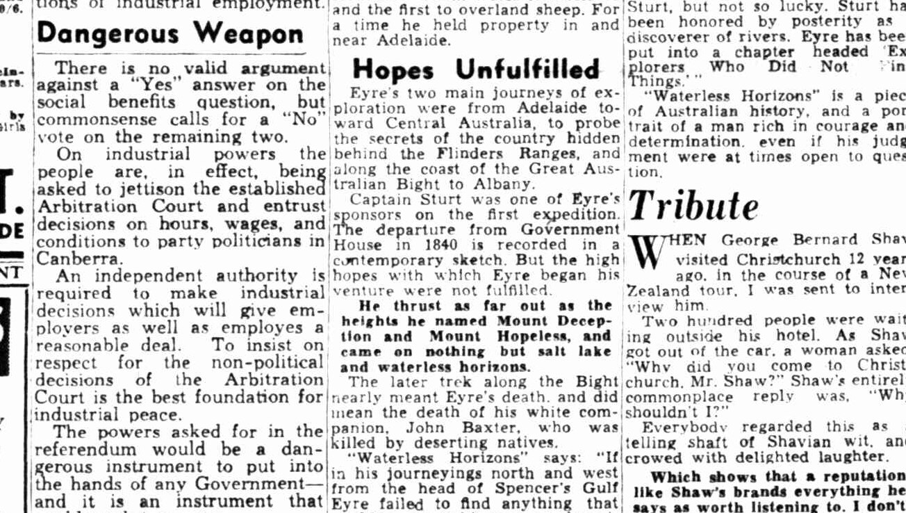 A clipping of a newspaper story about the referendum from the September 27, 1946 edition of The News, an Adelaide newspaper