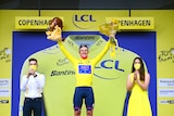 A man in a yellow jersey holds some flowers and a lion in the air with a yellow and blue background
