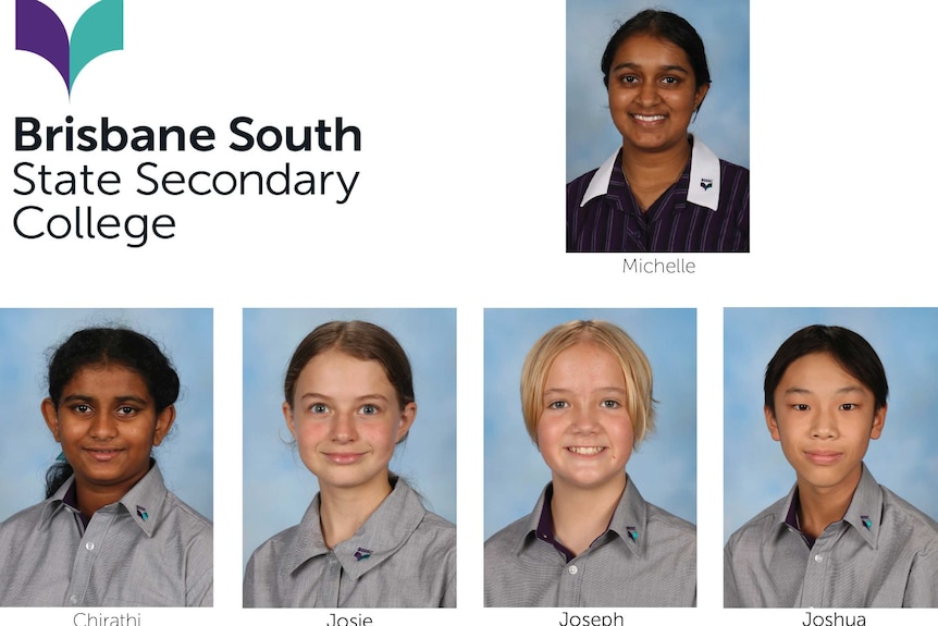 A compilation of students Michelle, Chirathi, Josie, Joseph and Joshua smiling in school uniforms.