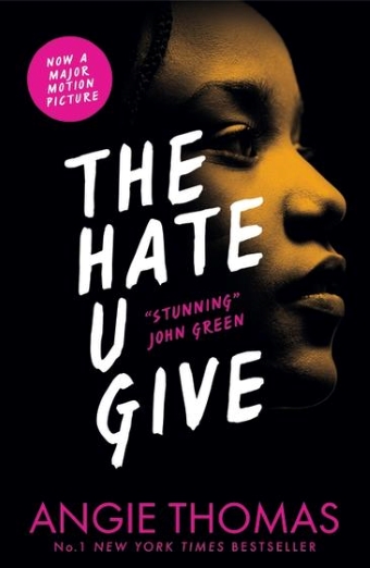 The book cover of The Hate U Give by Angie Thomas with a young woman looking off to the side