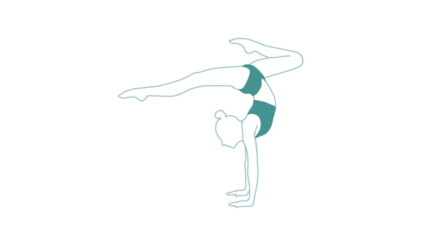 A green cartoon image of a gymnast