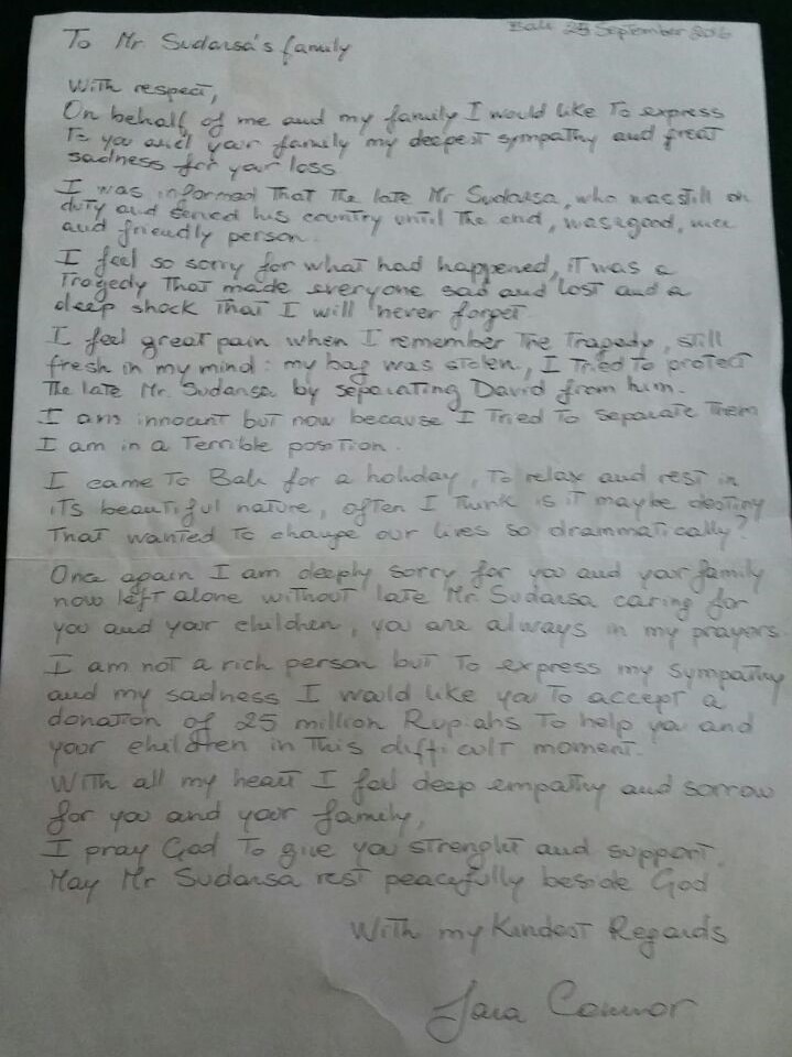 Letter from Sara Connor to Bali policeman's widow, Ketut Arsini.