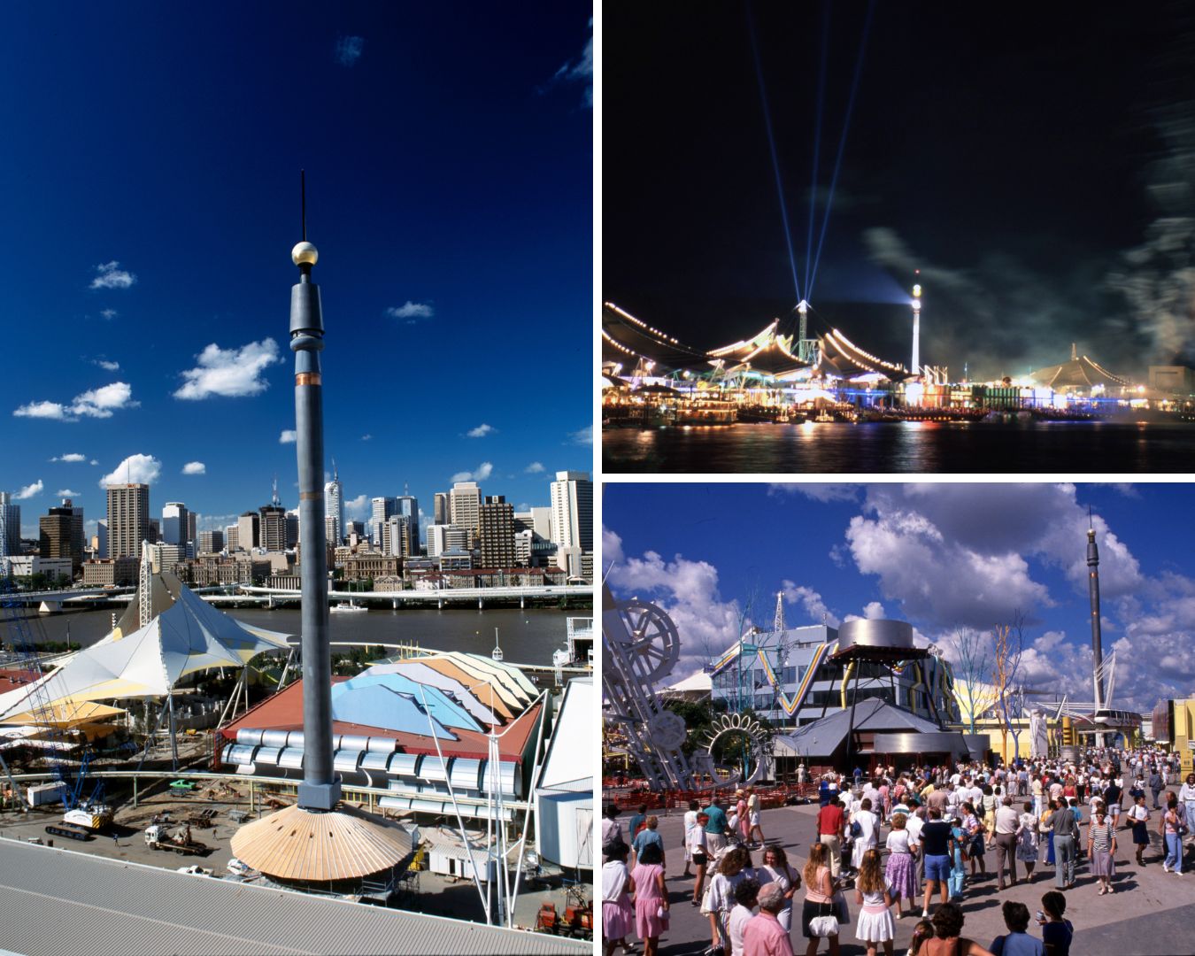 Collage of three photos of the Brisbane Skyneedle pictured at Expo 88.
