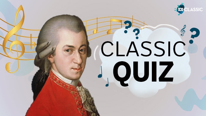 A portrait of Mozart over some musical notation and the text "Classic Quiz"
