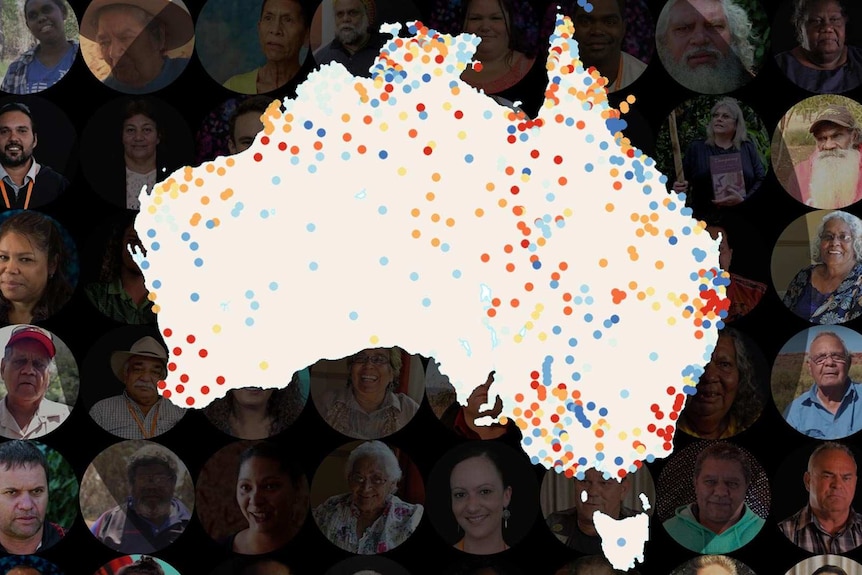 An outline of Australia filled with hundreds of different coloured dots representing Australia's Indigenous languages