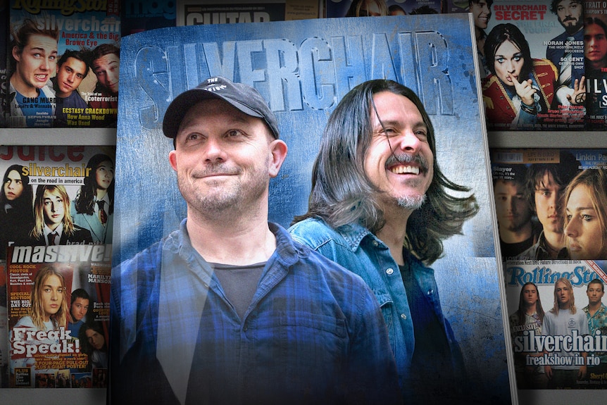 Graphic of Silverchair band members Chris and Ben smiling, surrounded by magazine covers