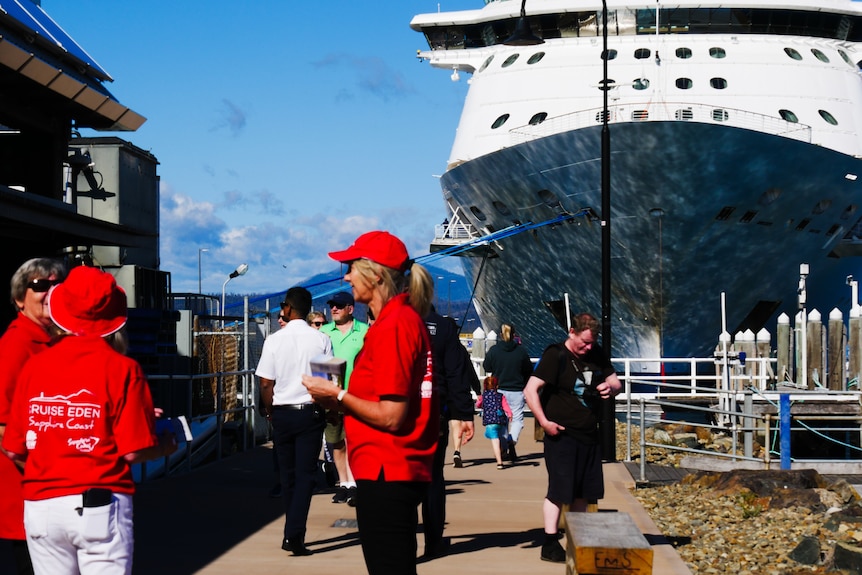 volunteers at a busy wharf with a huge cruise ship in the background