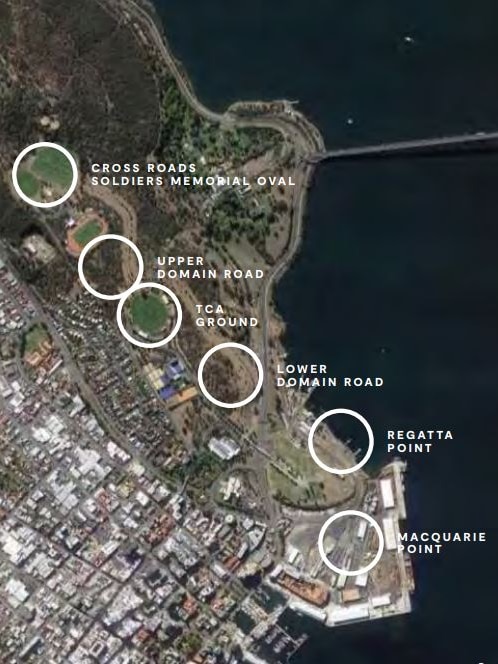 Potential sites for Hobart AFL stadium are circled in white on a satellite map.