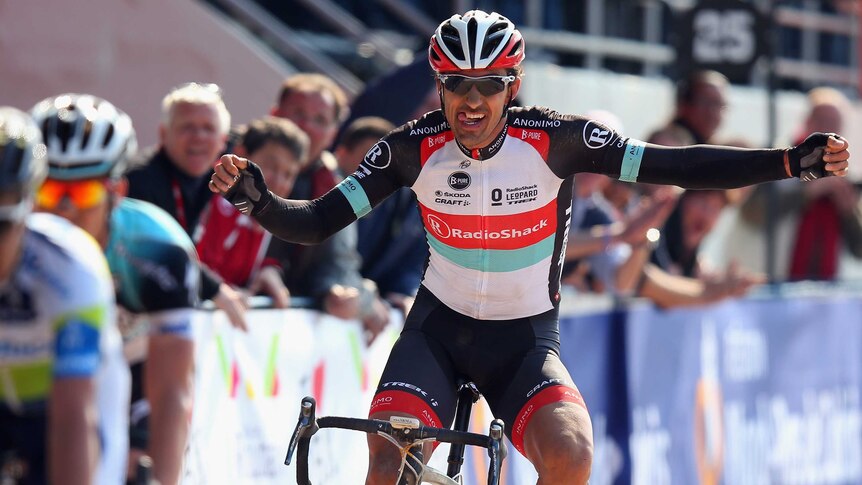 Fabian Cancellara comes across the line to win the 2013 Paris-Roubaix one-day classic race.