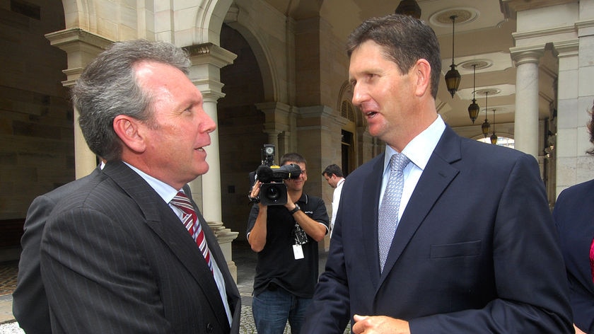 Queensland Liberal leader Mark McArdle congratulates National Party leader Lawrence Springborg.