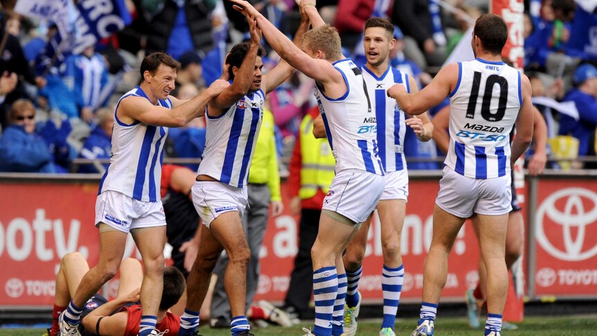 North Melbourne's Daniel Wells is congratulated by team-mates after kicking a goal.