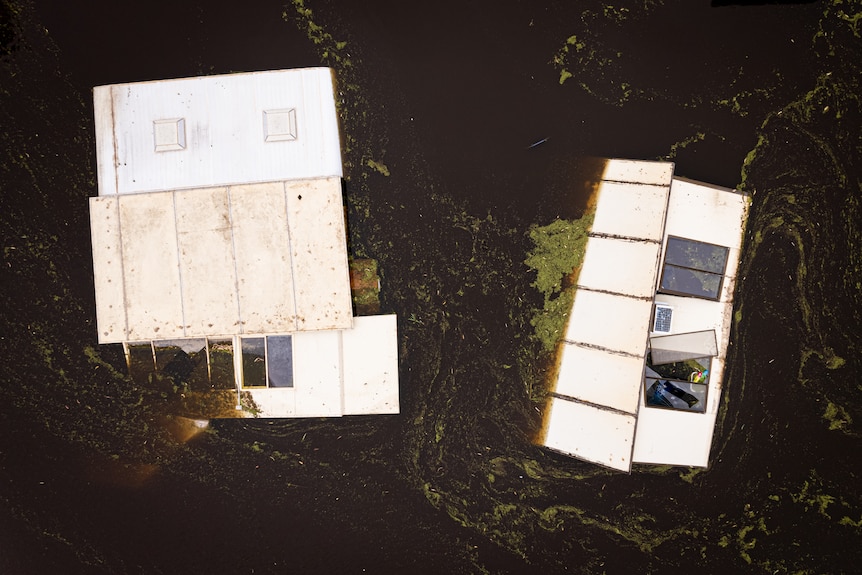 Flooded properties in birdeye view 