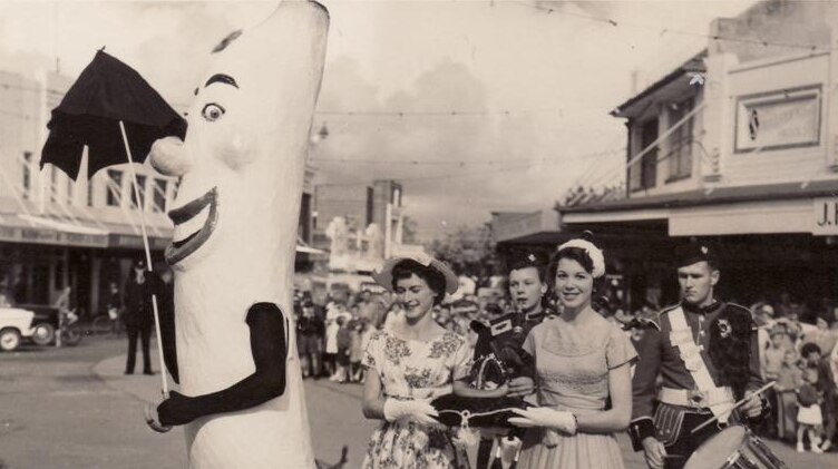 A man wears the Banana Jim costume in Murwillumbah's Banana Festival parade in 1959