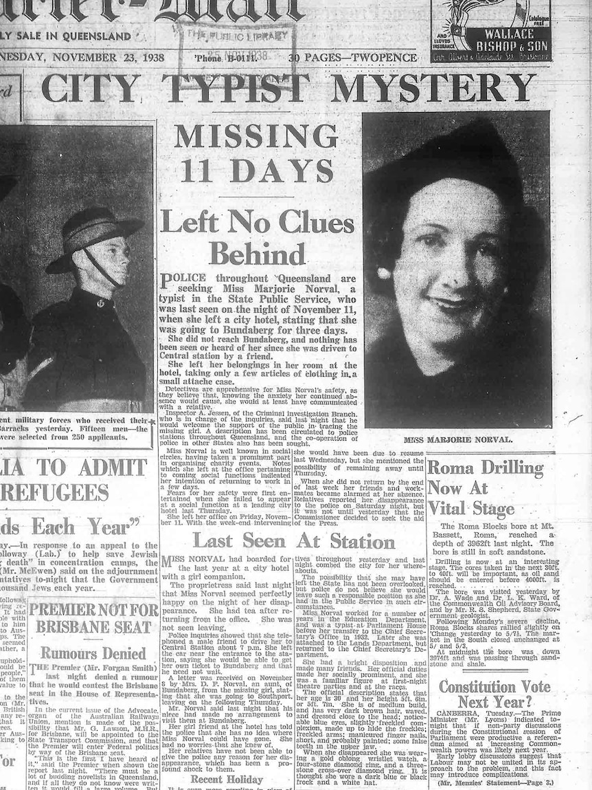 Miss Norval's disappearance was front page news in November 1938.